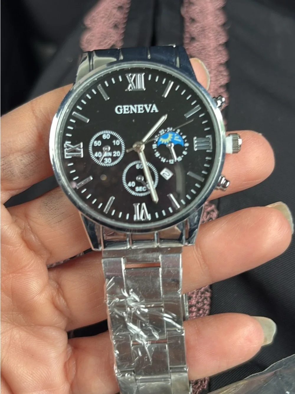 Geneva Black Dial Silver-Tone Dress Watch